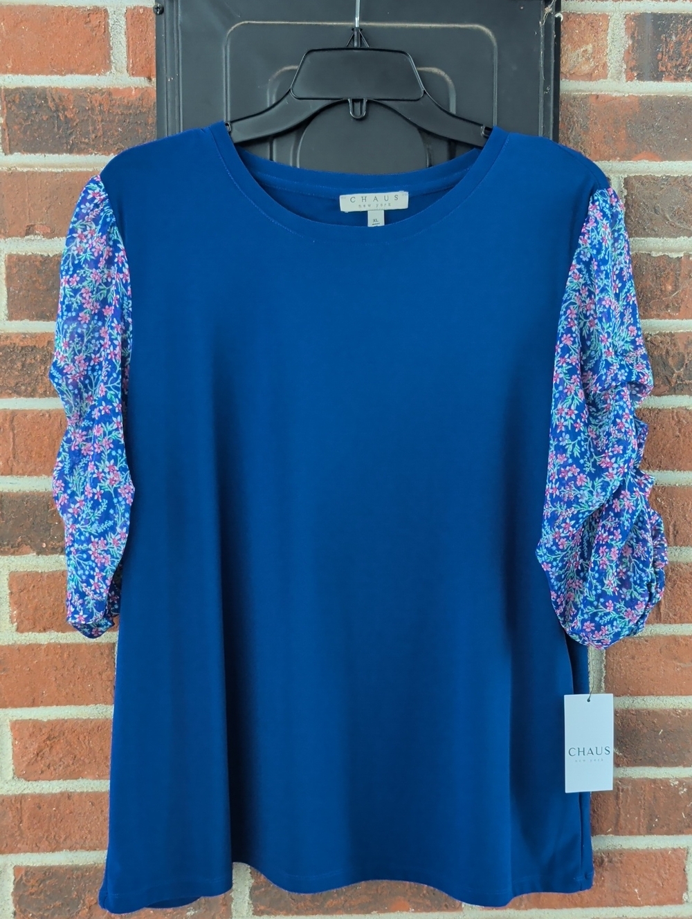 Chaus Goddess Blue Floral Puff Sleeve Blouse Size XL